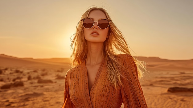 Photo a woman wearing sunglasses and a sweater is standing on a beach