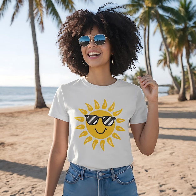 a woman wearing sunglasses and a t shirt is standing on the beach