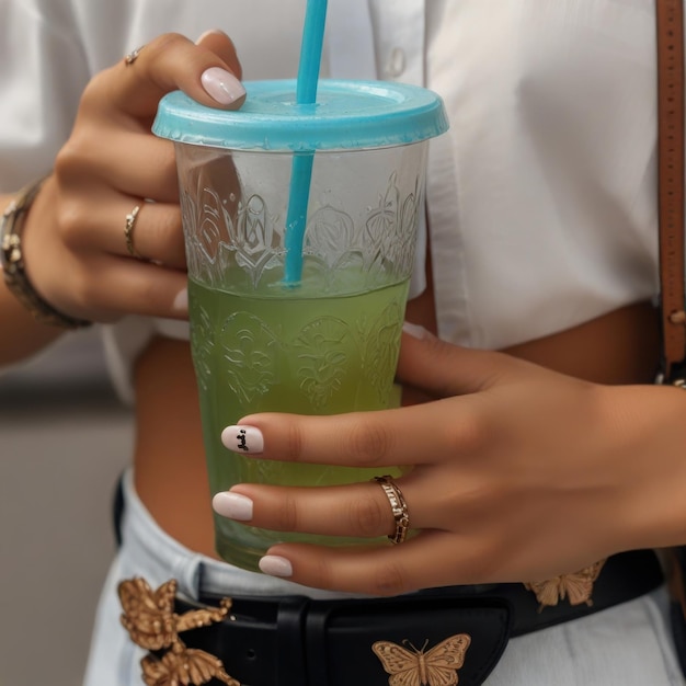 a woman wearing sunglasses and a tank top holds a pink cup