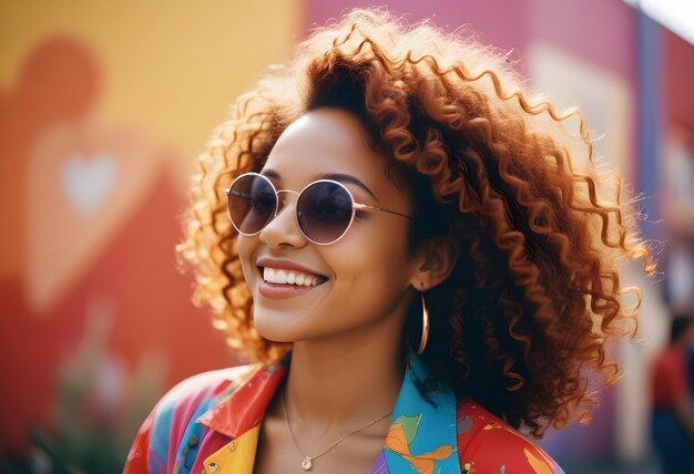 a woman wearing sunglasses and a tank top with a colorful top