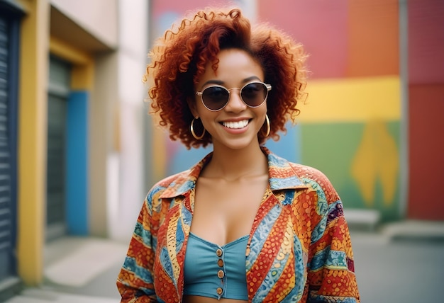 a woman wearing sunglasses and a tank top with a colorful top