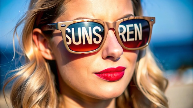 Photo a woman wearing sunglasses that says sun glasses