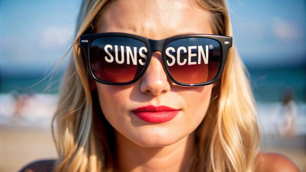 Photo a woman wearing sunglasses that says sun set on it