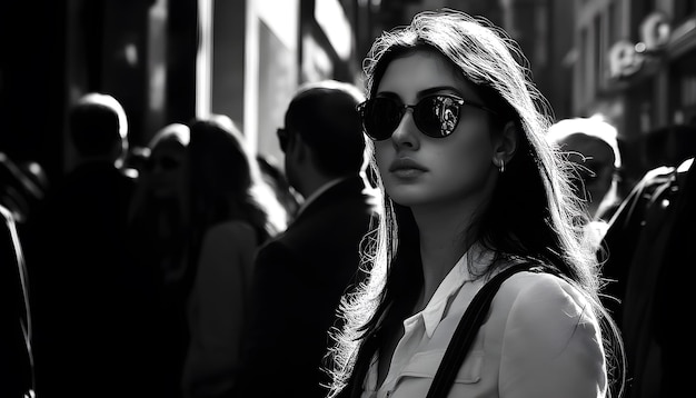 Photo a woman wearing sunglasses and a white shirt is wearing a white shirt with a black strap