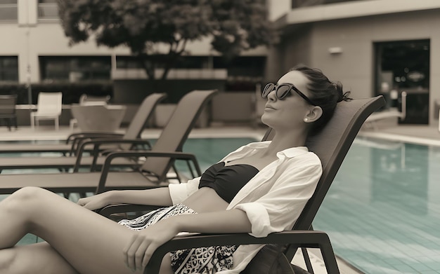 Photo a woman wearing sunglasses and a white shirt relaxes on a lounge chair next to a swimming pool generativeai