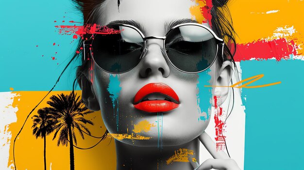 Photo a woman wearing sunglasses with bold red lipstick against an abstract background of color