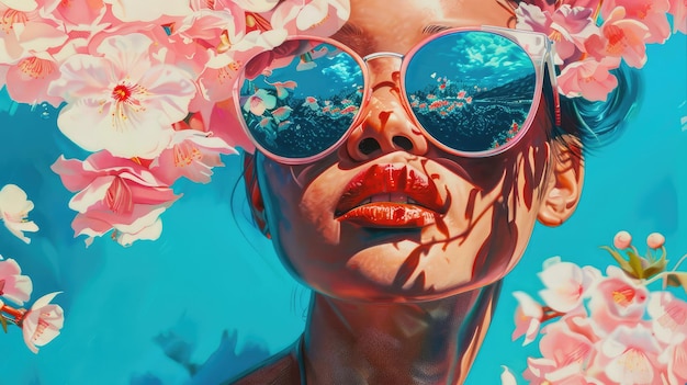 Photo a woman wearing sunglasses with flowers in the background