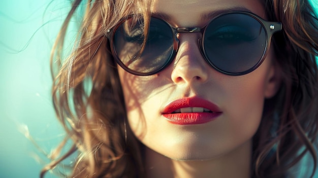 a woman wearing sunglasses with a red lipstick