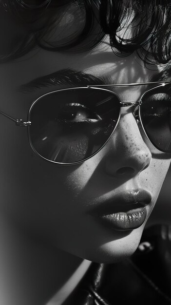 a woman wearing sunglasses with a reflection of a woman in the background