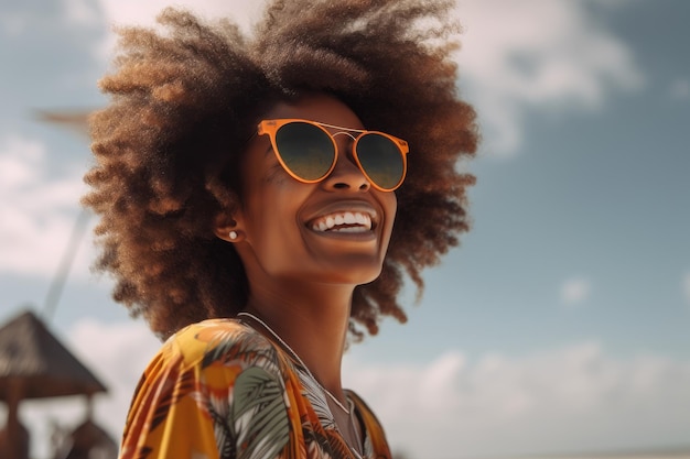 A woman wearing sunglasses and a yellow dress smiles at the camera.