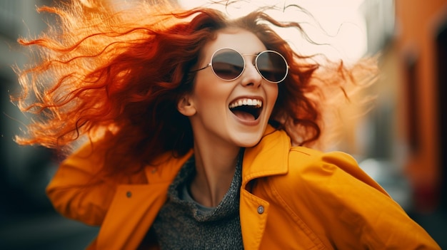 A woman wearing sunglasses and a yellow jacket is laughing and wearing sunglasses.