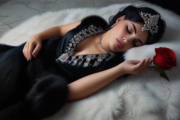 Photo a woman wearing a tiara laying on a rug with her eyes closed