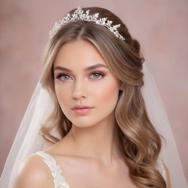 A woman wearing a tiara with a bridal crown soft makeup natural look