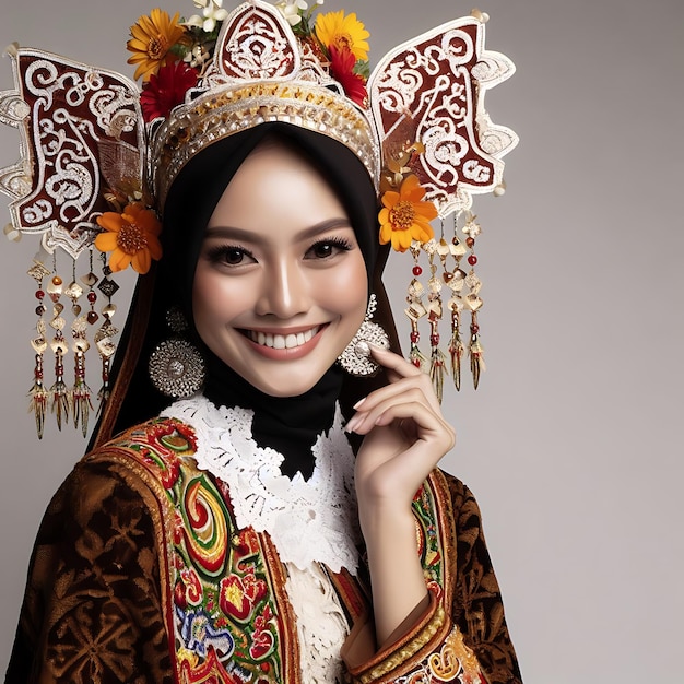 Photo a woman wearing a traditional costume with a red flower on her head and the word quot i love you quo