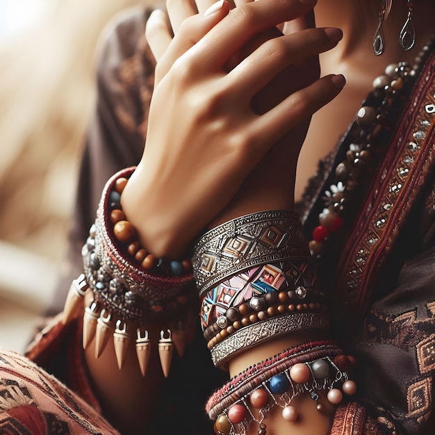 Woman wearing traditional culture bracelets0245