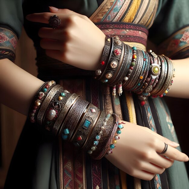 Woman wearing traditional culture bracelets0245