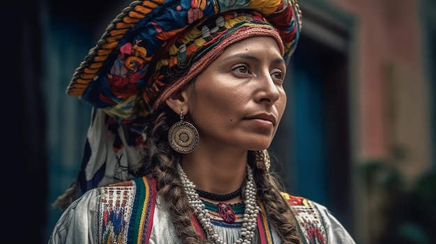 A woman wearing a traditional dress and a hat stands in front of a store.