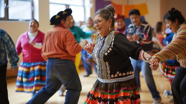 Photo a woman wearing a traditional dress is dancing with other people