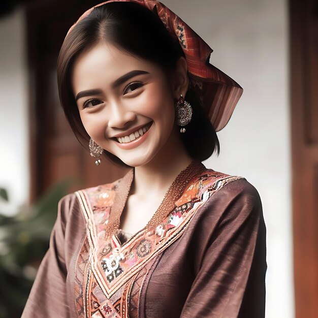 Photo a woman wearing a traditional dress with a flower on the front