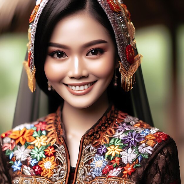 Photo a woman wearing a traditional dress with a flower pattern on the front