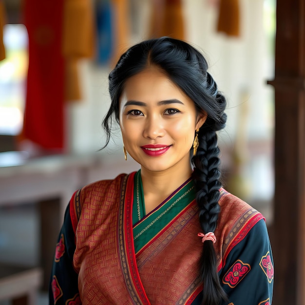 a woman wearing a traditional dress with a red and green design