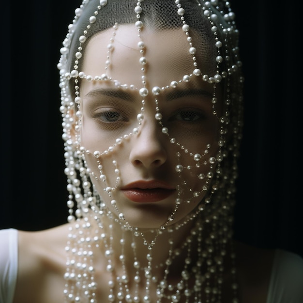 a woman wearing a veil with pearls and a veil