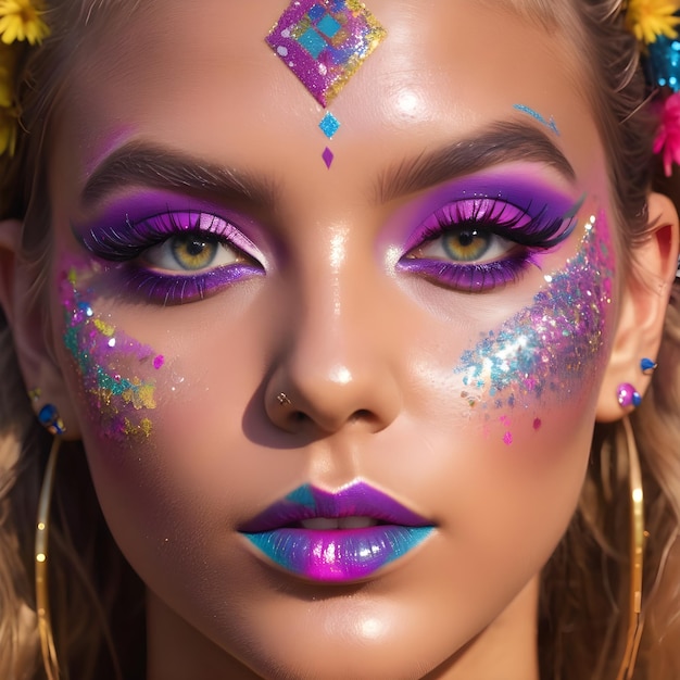 Woman wearing vibrant bright colors makeup at music festival