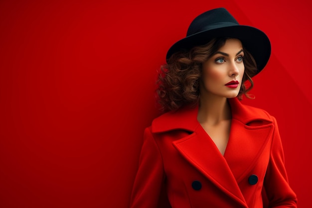 a woman wearing a vibrant red raincoat with a hood standing in the middle Ai photo