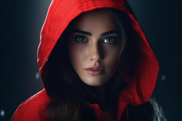 Photo a woman wearing a vibrant red raincoat with a hood standing in the middle ai photo