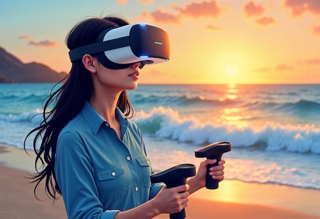 Photo a woman wearing virtual reality glasses is standing on the beach with the sun setting behind her