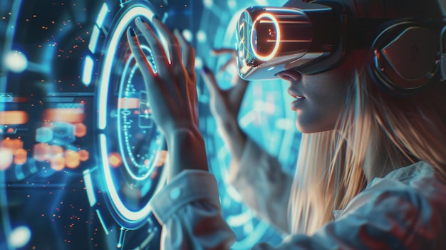 a woman wearing virtual reality glasses is using a speedometer