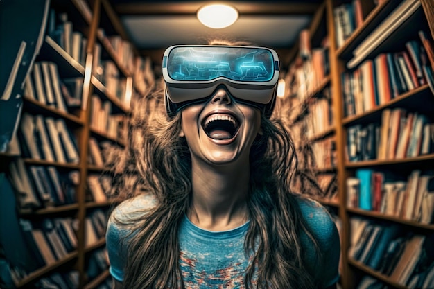 Woman wearing virtual reality glasses in a library enjoying the entertainment of books.ai generated