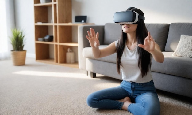 a woman wearing a virtual reality glasses sits on a carpet