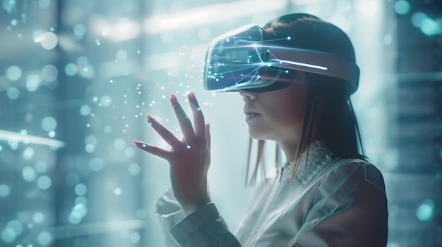 a woman wearing virtual reality glasses with the words virtual reality on the bottom