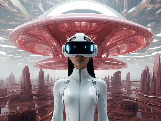 Woman wearing virtual reality goggles in futuristic city Generative Ai