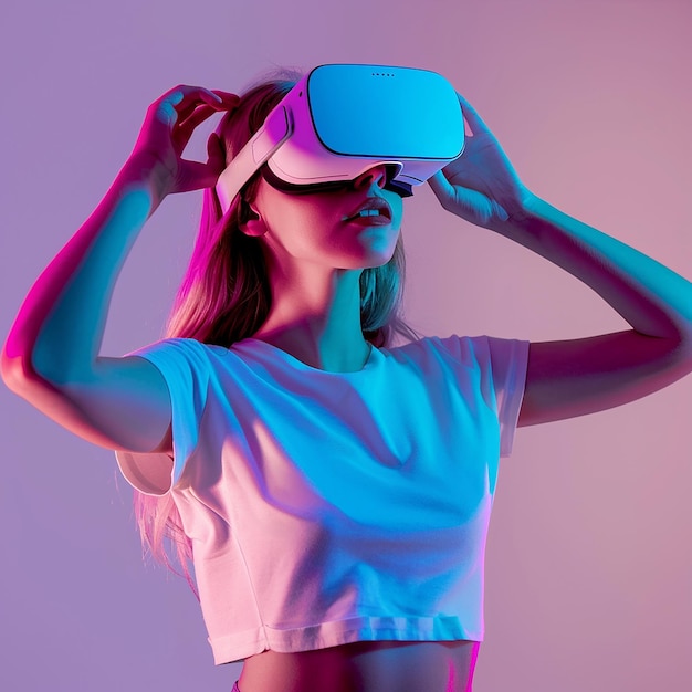 a woman wearing a virtual reality goggles is wearing a white shirt