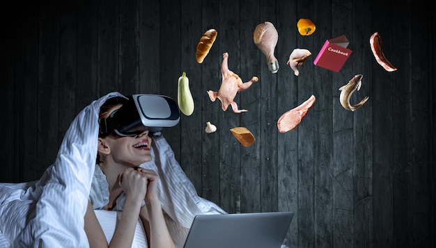 Woman wearing virtual reality goggles. Mixed media