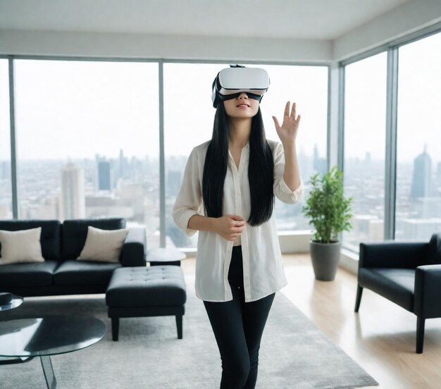 a woman wearing virtual reality goggles stands in front of a window