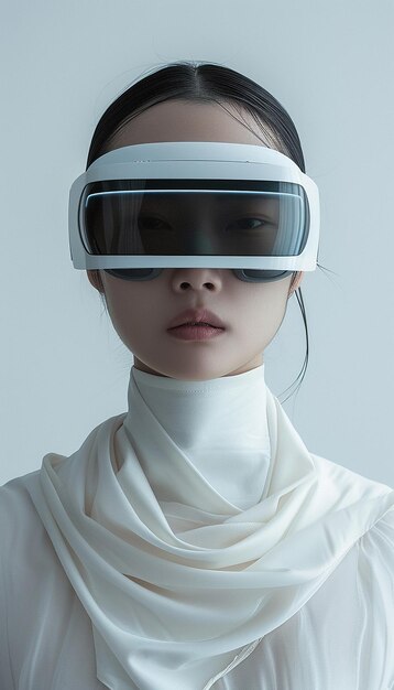 a woman wearing a virtual reality goggles and a white shirt