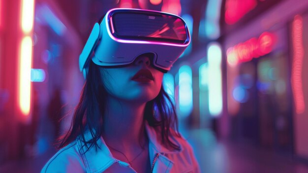 a woman wearing a virtual reality goggles with the word  goggles