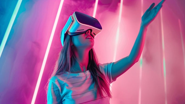 a woman wearing a virtual reality headgear with a blue light behind her