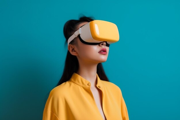 A woman wearing a virtual reality headset on blue background