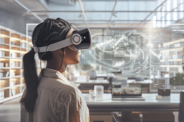 Woman Wearing Virtual Reality Headset Exploring Data Visualization in Modern Office