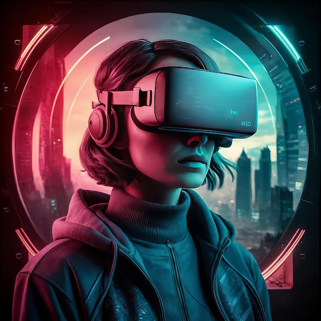 a woman wearing a virtual reality headset in a futuristic city _Ai generated