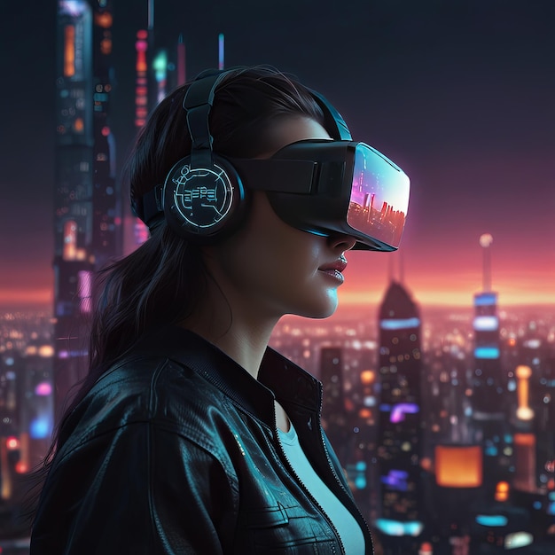 a woman wearing a virtual reality headset in a futuristic city _Ai generated