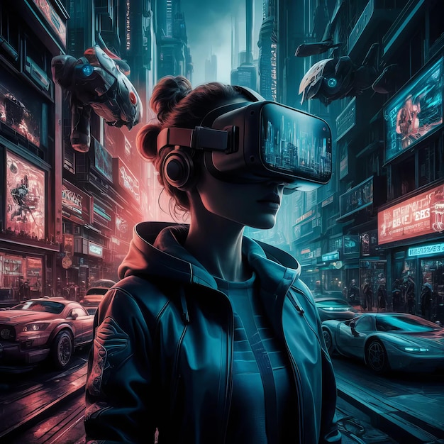 a woman wearing a virtual reality headset in a futuristic city _Ai generated