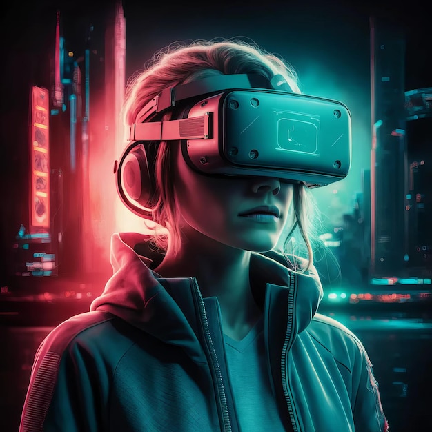 a woman wearing a virtual reality headset in a futuristic city _Ai generated