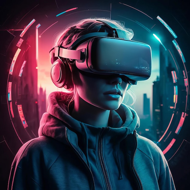 a woman wearing a virtual reality headset in a futuristic city _Ai generated