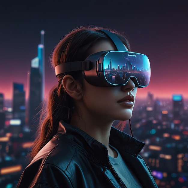 a woman wearing a virtual reality headset in a futuristic city _Ai generated