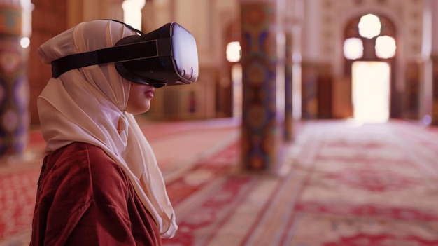 Photo woman wearing virtual reality headset in historic mosque setting